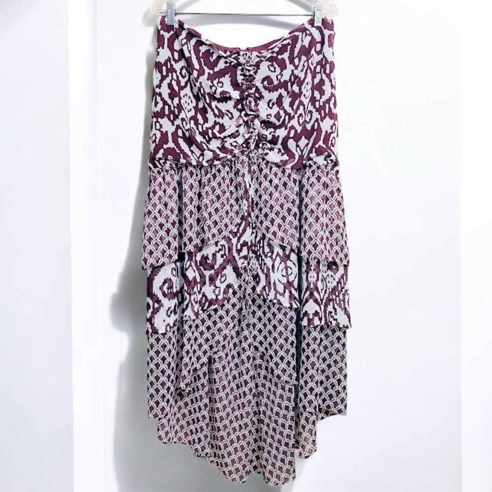 EVA MENDES X NY&Co NWT Zip Burgundy & White Abstract LayerTiered HiLow Skirt